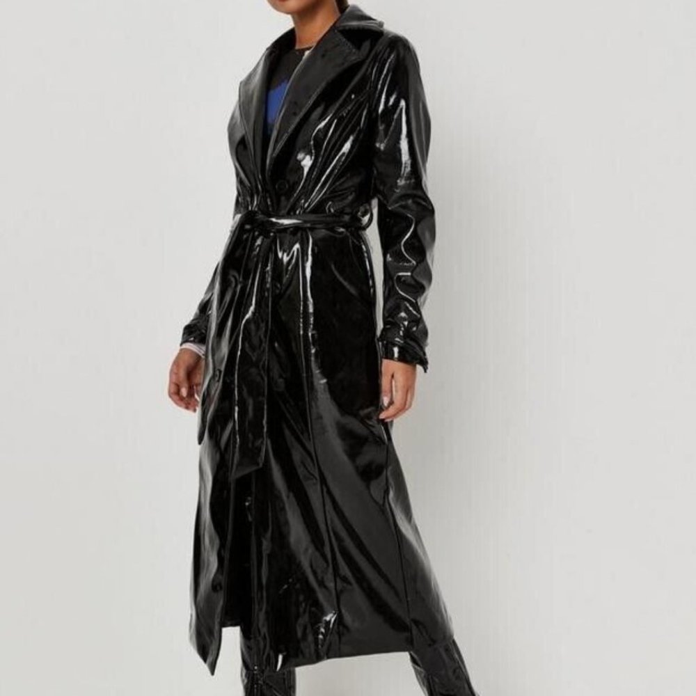 Missguided Black Vinyl Seam Detail Double Breasted Belted Trench Coat